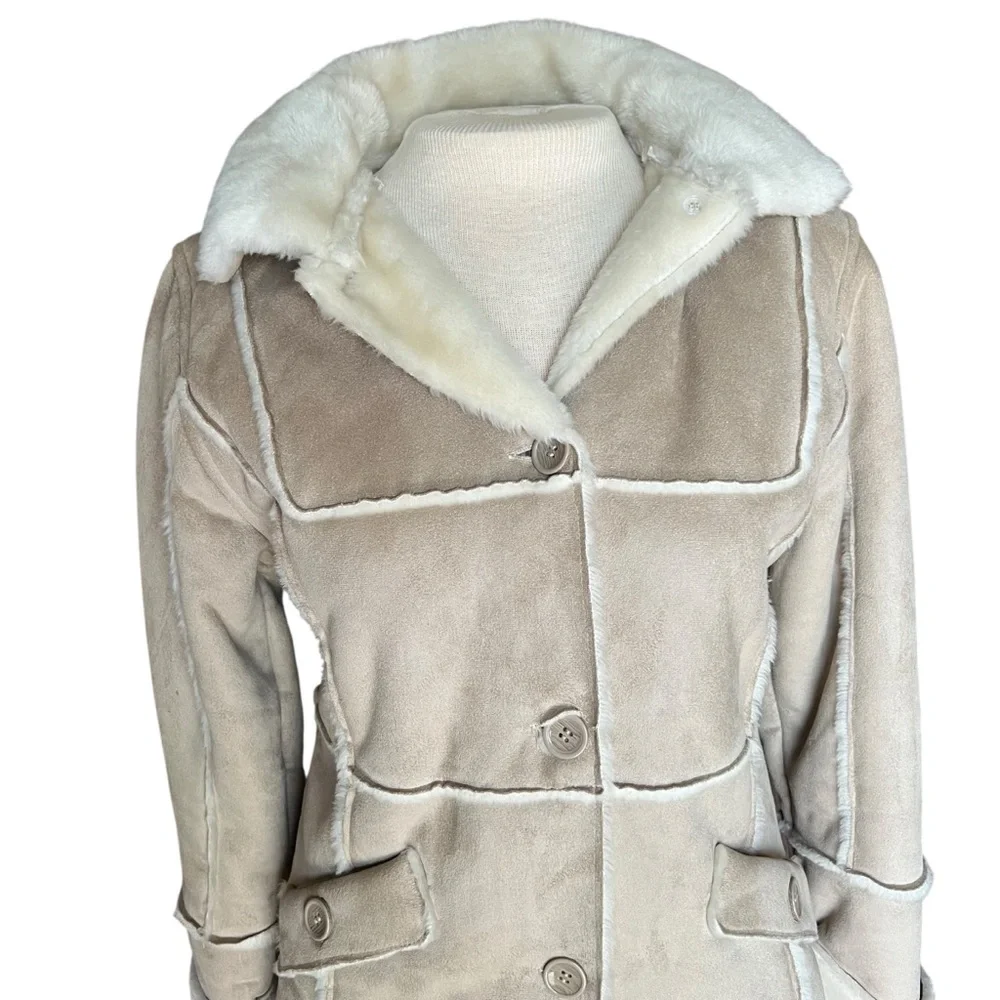 VINTAGE 90s Cream Faux Suede & Fur Hooded Coat Size Large - Picture 2 of 15